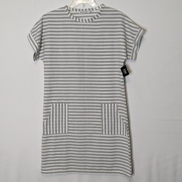 Women's MISSLOOK, Gray & White Striped Short Sleeve Shift Pencil Dress; Size M - Picture 1 of 5